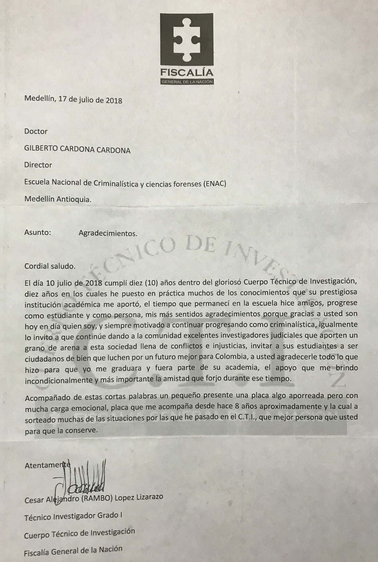 Carta de agradecimiento y reconocimiento de nuestra labor institucional ENAC